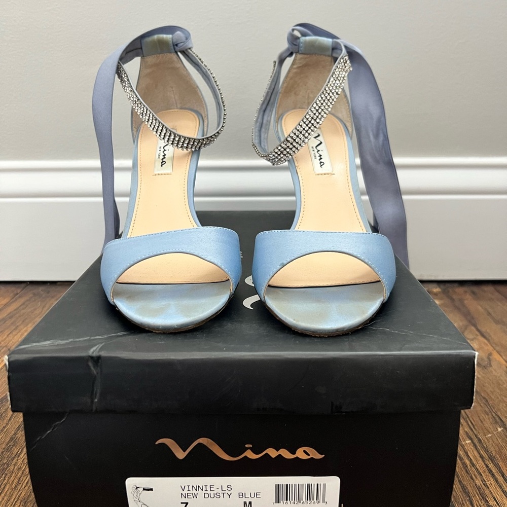 Nina Dusty Blue Satin Heels with Rhinestone Detail